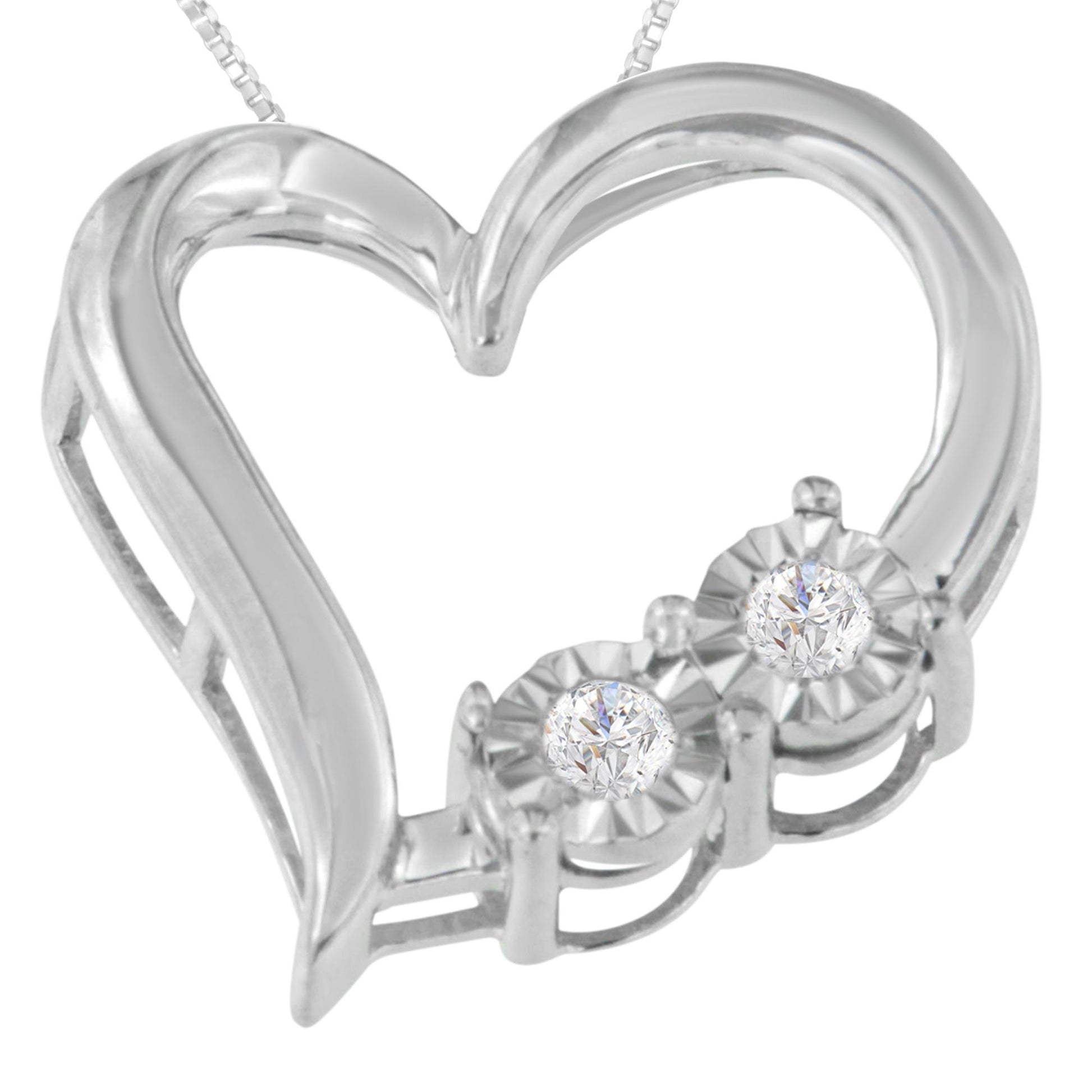 Close-up front angle of a white metal heart-shaped necklace pendant featuring two round white gemstones in miracle settings.