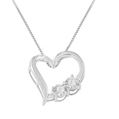 Close-up front view of a white metal heart-shaped necklace pendant with two round white gemstones in miracle settings, shown on a white background.