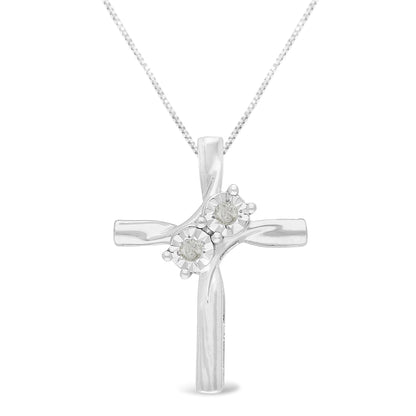 Front view of a white metal cross necklace pendant with two round white gemstones in a miracle setting.