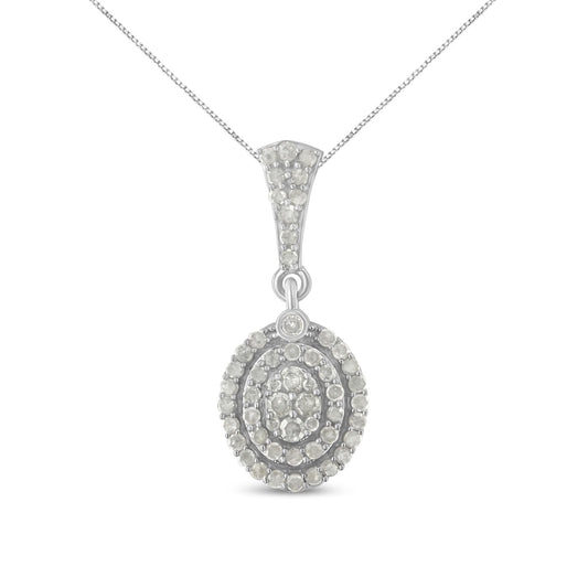 Front view of a white metal necklace with a round pendant set with multiple white round gemstones in prong settings.