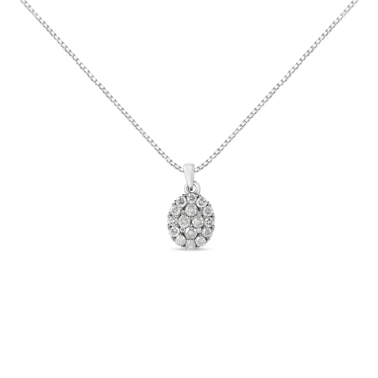 Front angle view of a white necklace with an oval pendant featuring multiple round white gemstones in prong settings.