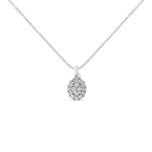 Front angle view of a white necklace with an oval pendant featuring multiple round white gemstones in prong settings.