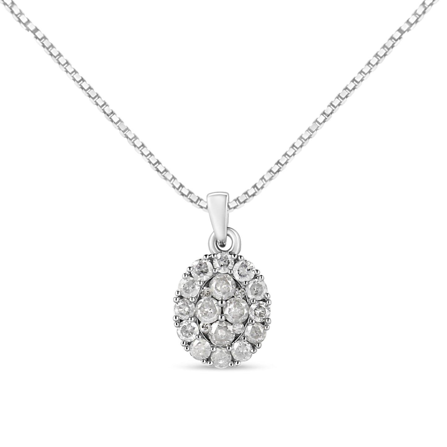 White metal necklace with an oval-shaped pendant featuring multiple round white gemstones in prong settings, shown in a front-facing close-up angle.