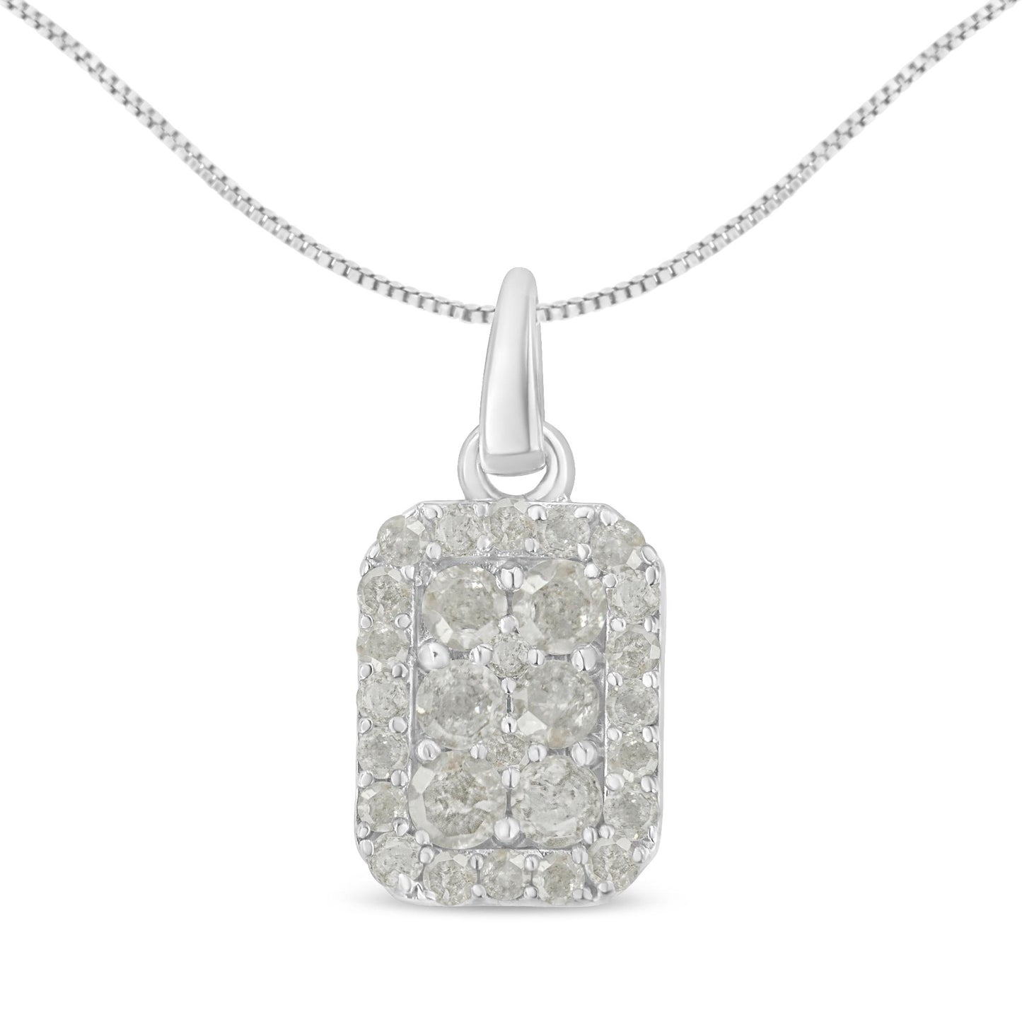 Front view of white metal rectangular pendant necklace with round white gemstones in prong setting on chain.