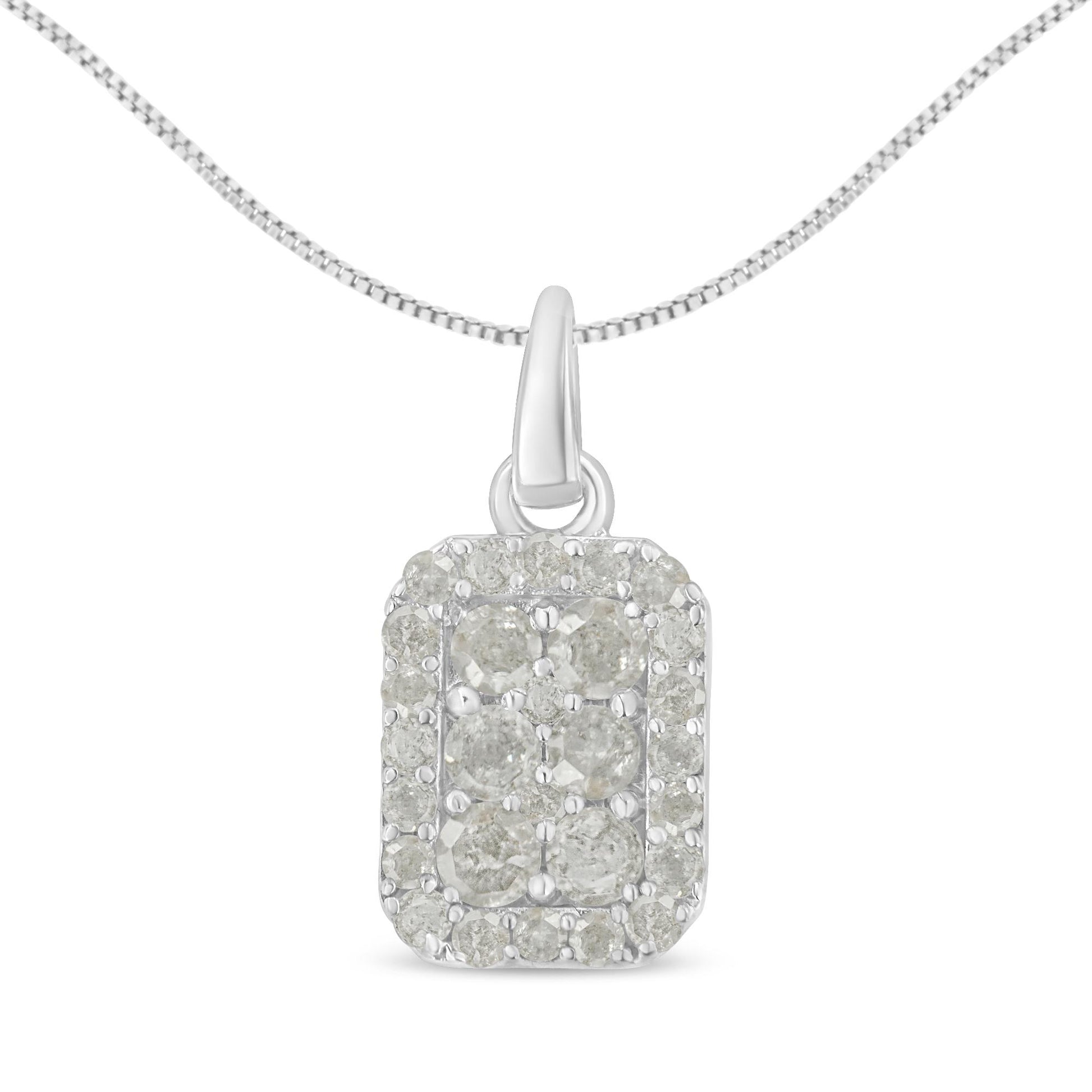 Front view of white metal rectangular pendant necklace with round white gemstones in prong setting on chain.