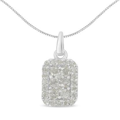 Front view of white metal rectangular pendant necklace with round white gemstones in prong setting on chain.