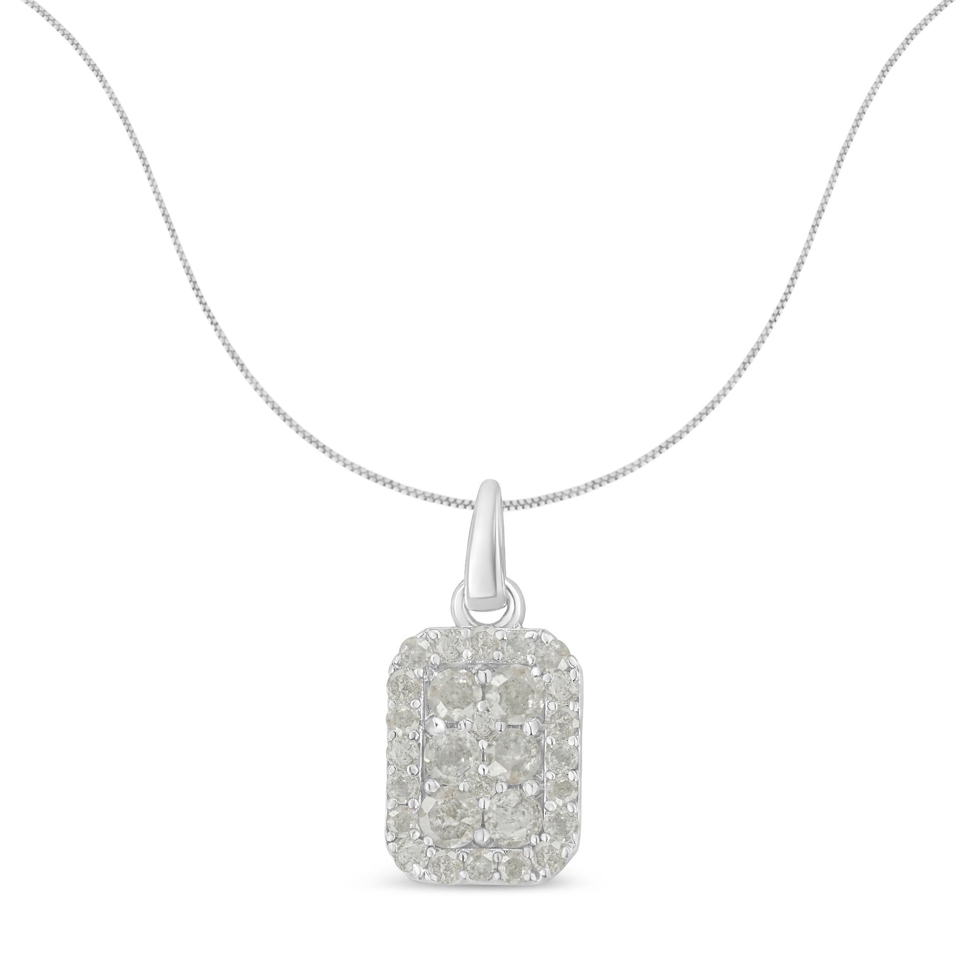 Front view of a white metal necklace with a rectangular pendant featuring multiple round white gemstones in prong settings.