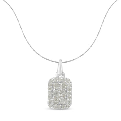Front view of a white metal necklace with a rectangular pendant featuring multiple round white gemstones in prong settings.