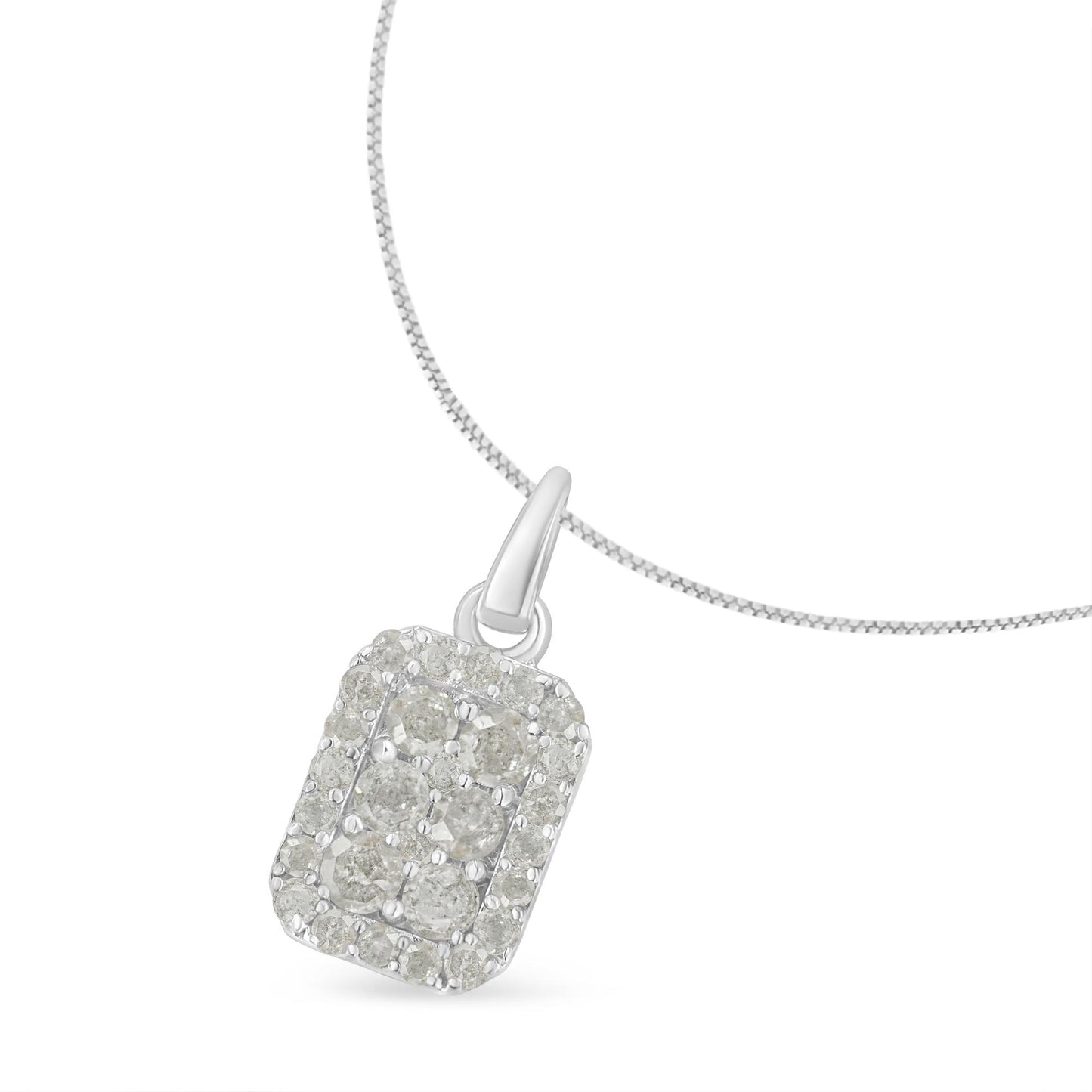 Close-up front angle of a white metal necklace with a rectangular pendant featuring round white gemstones in prong settings.