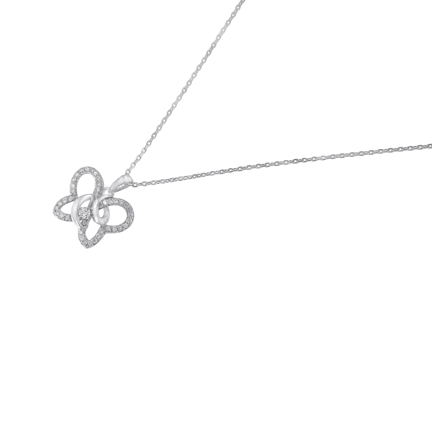 White metal necklace with a butterfly-shaped pendant featuring multiple round white gemstones in prong settings, shown from a front angle on a white background.