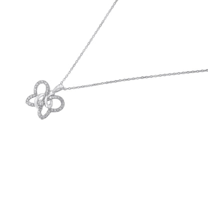 White metal necklace with a butterfly-shaped pendant featuring multiple round white gemstones in prong settings, shown from a front angle on a white background.
