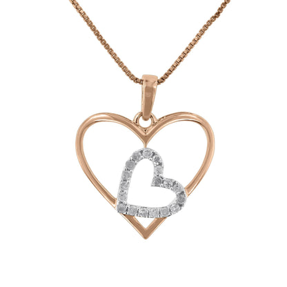 Front view of a yellow and white metal heart-shaped necklace pendant with a smaller heart outlined in white gemstones inside a larger open yellow heart.