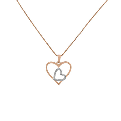 Front-facing view of a necklace with a yellow metal open heart pendant entwined with a smaller white metal heart set with round white gemstones.