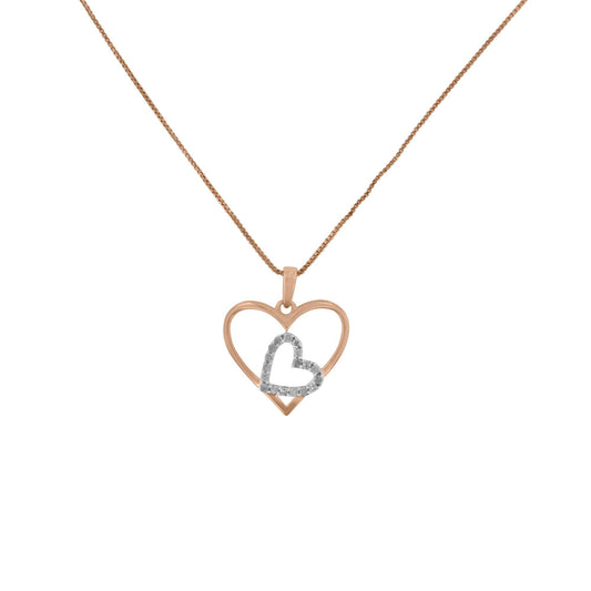 Front-facing view of a necklace with a yellow metal open heart pendant entwined with a smaller white metal heart set with round white gemstones.