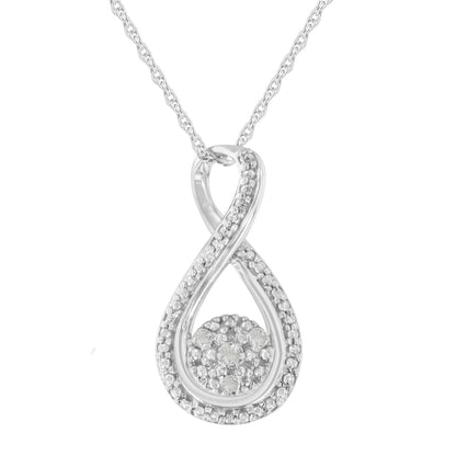 Front view of a white metal necklace with an infinity loop-shaped pendant featuring small round white gemstones in prong settings along the loop and clustered in the center.