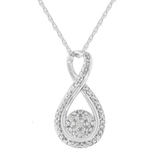 Front view of a white metal necklace with an infinity loop-shaped pendant featuring small round white gemstones in prong settings along the loop and clustered in the center.