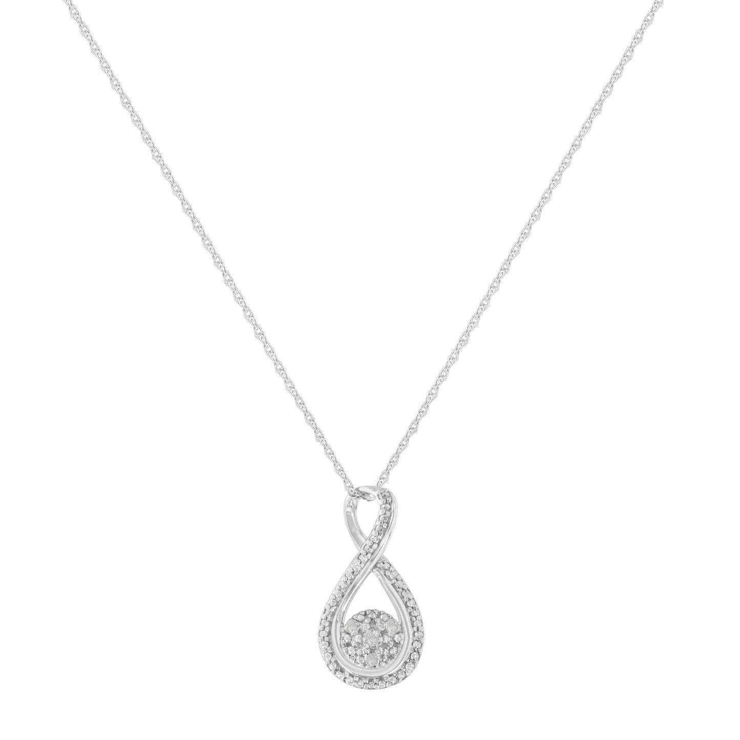 Front view of a white metal necklace with an infinity-shaped pendant featuring four round white gemstones in prong settings.