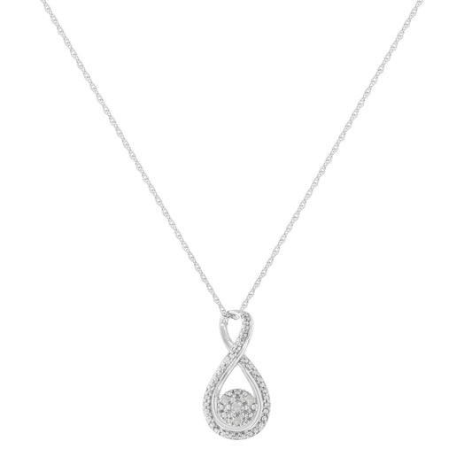 Front view of a white metal necklace with an infinity-shaped pendant featuring four round white gemstones in prong settings.