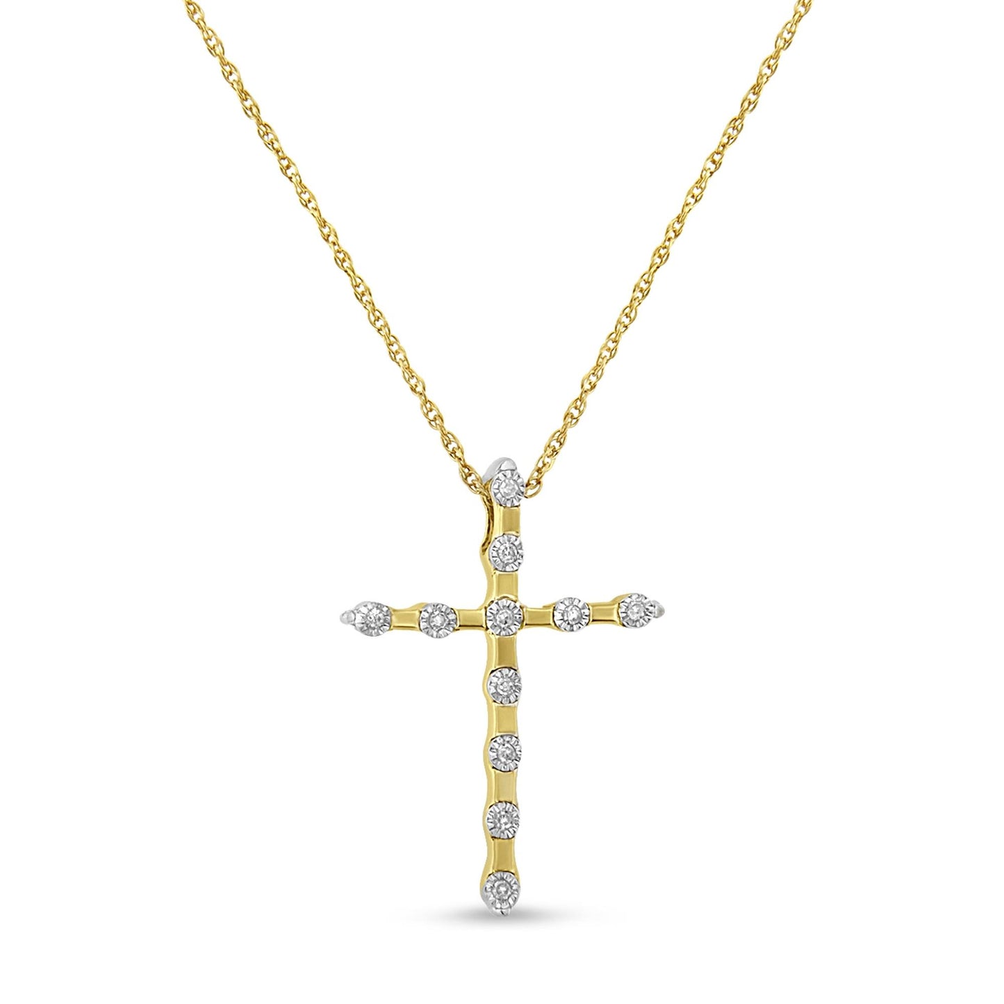 Front view of a yellow metal cross necklace pendant with round white gemstones in a miracle setting, hanging from a chain.