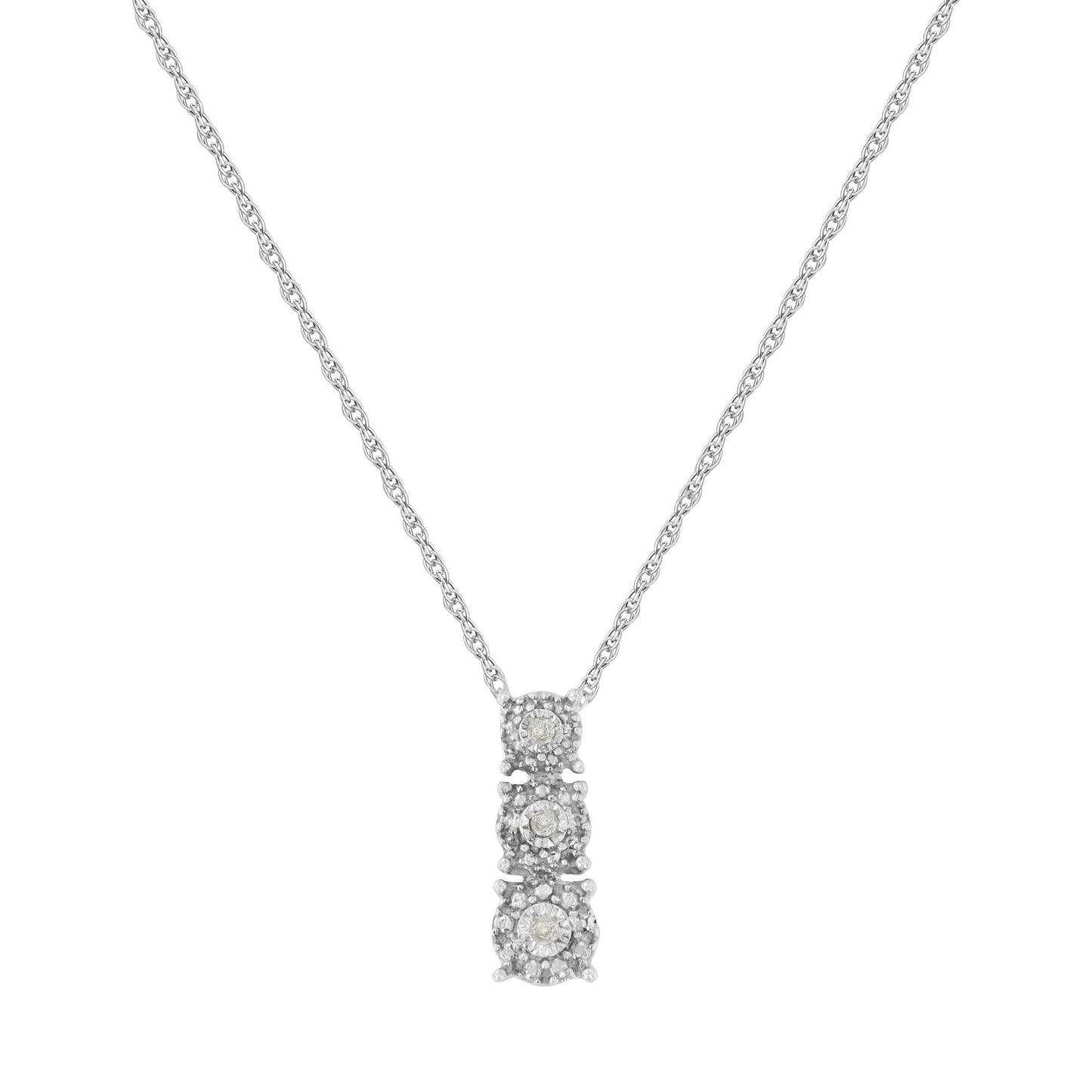 Front view of a white metal necklace with a pendant featuring three round white gemstones in a vertical arrangement with surrounding smaller gemstones.