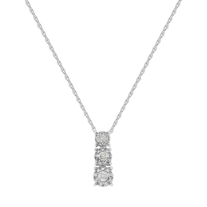 Front view of a white metal necklace with a pendant featuring three round white gemstones in a vertical arrangement with surrounding smaller gemstones.