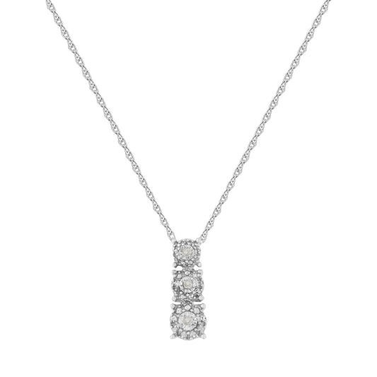 Front view of a white metal necklace with a pendant featuring three round white gemstones in a vertical arrangement with surrounding smaller gemstones.