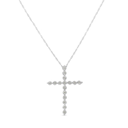 Front view of white metal cross necklace with round white gemstones in miracle setting on a delicate chain.