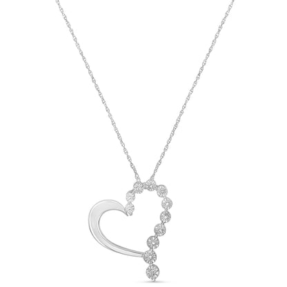 Front view of white metal heart-shaped necklace pendant with round white gemstones on one side, hanging from a chain.