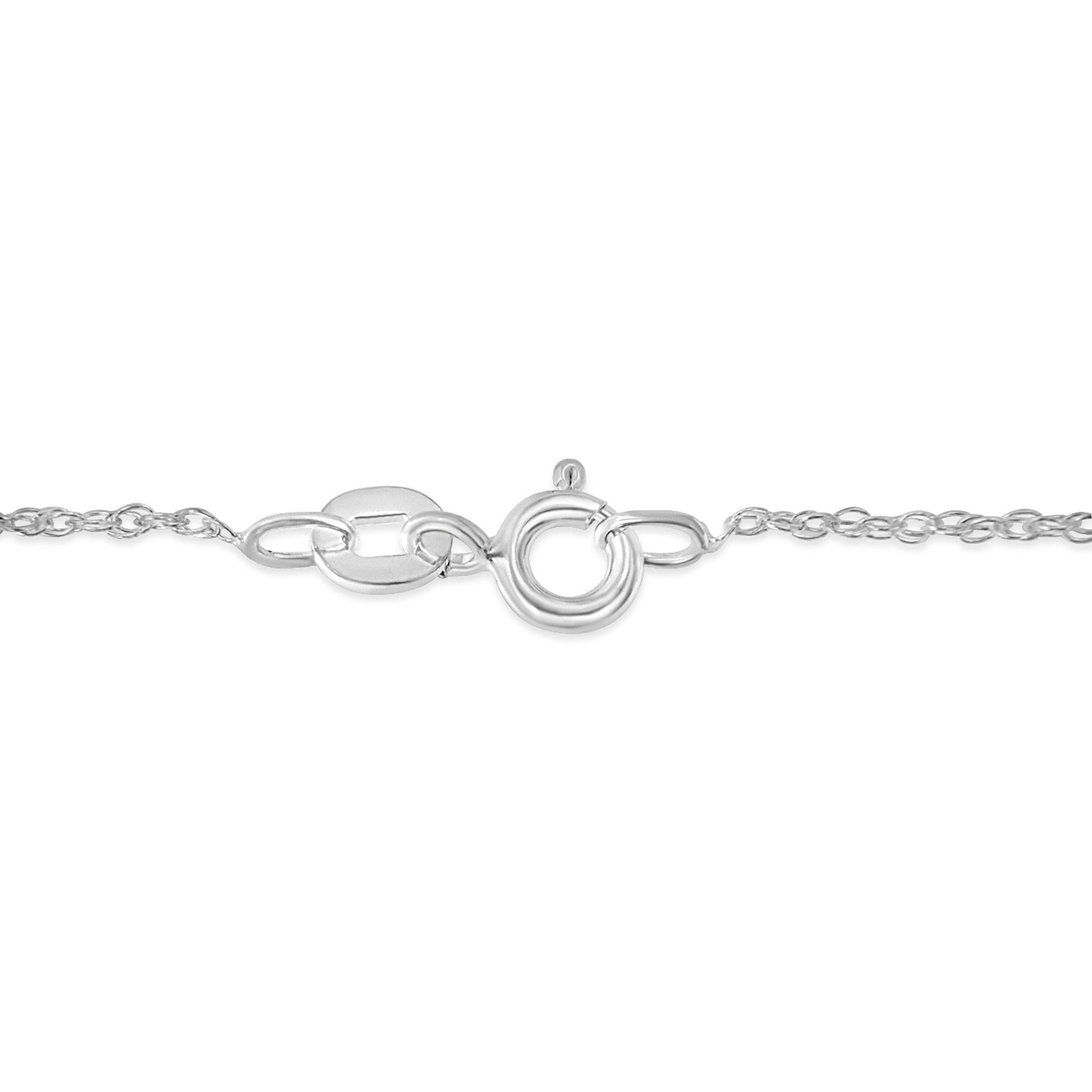 Close-up front view of a white metal necklace clasp and chain.