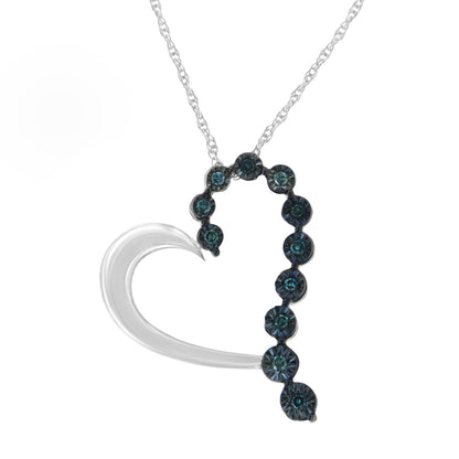 Front view of a white metal heart-shaped necklace pendant with round blue gemstones in a miracle setting along one side, hanging from a chain.