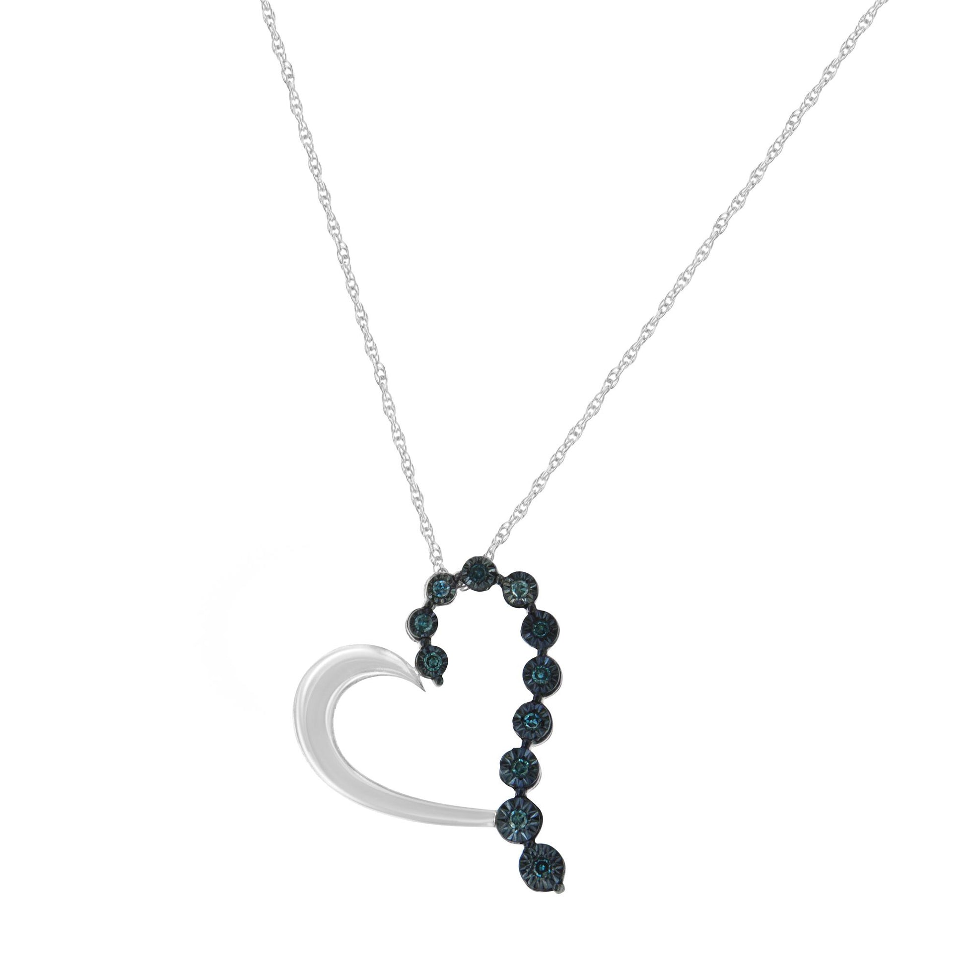 Front view of a white metal heart-shaped necklace pendant featuring round blue gemstones in miracle settings, hanging from a delicate chain.