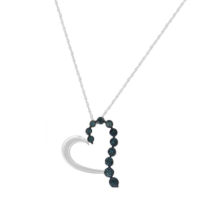 Front view of a white metal heart-shaped necklace pendant featuring round blue gemstones in miracle settings, hanging from a delicate chain.