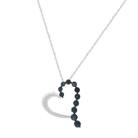 Front view of a white metal heart-shaped necklace pendant featuring round blue gemstones in miracle settings, hanging from a delicate chain.
