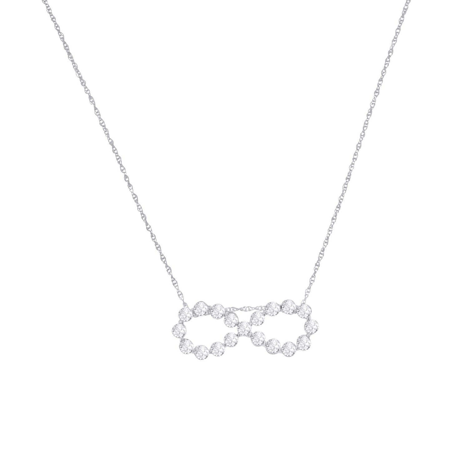 Front view of a white metal necklace with a pendant featuring two interlocking circles made of round white gemstones in miracle setting.