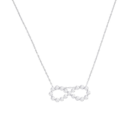 Front view of a white metal necklace with a pendant featuring two interlocking circles made of round white gemstones in miracle setting.