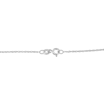 Close-up front view of a white chain necklace clasp with a round white gemstone in a miracle setting.