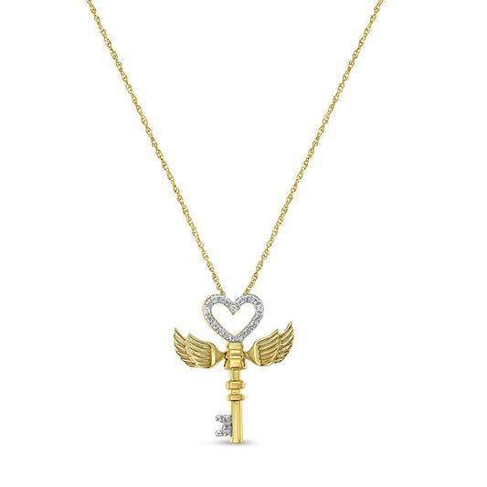 Front angle view of a yellow metal key-shaped necklace pendant with a heart top adorned with three white gemstones in pave setting and wing details on each side.