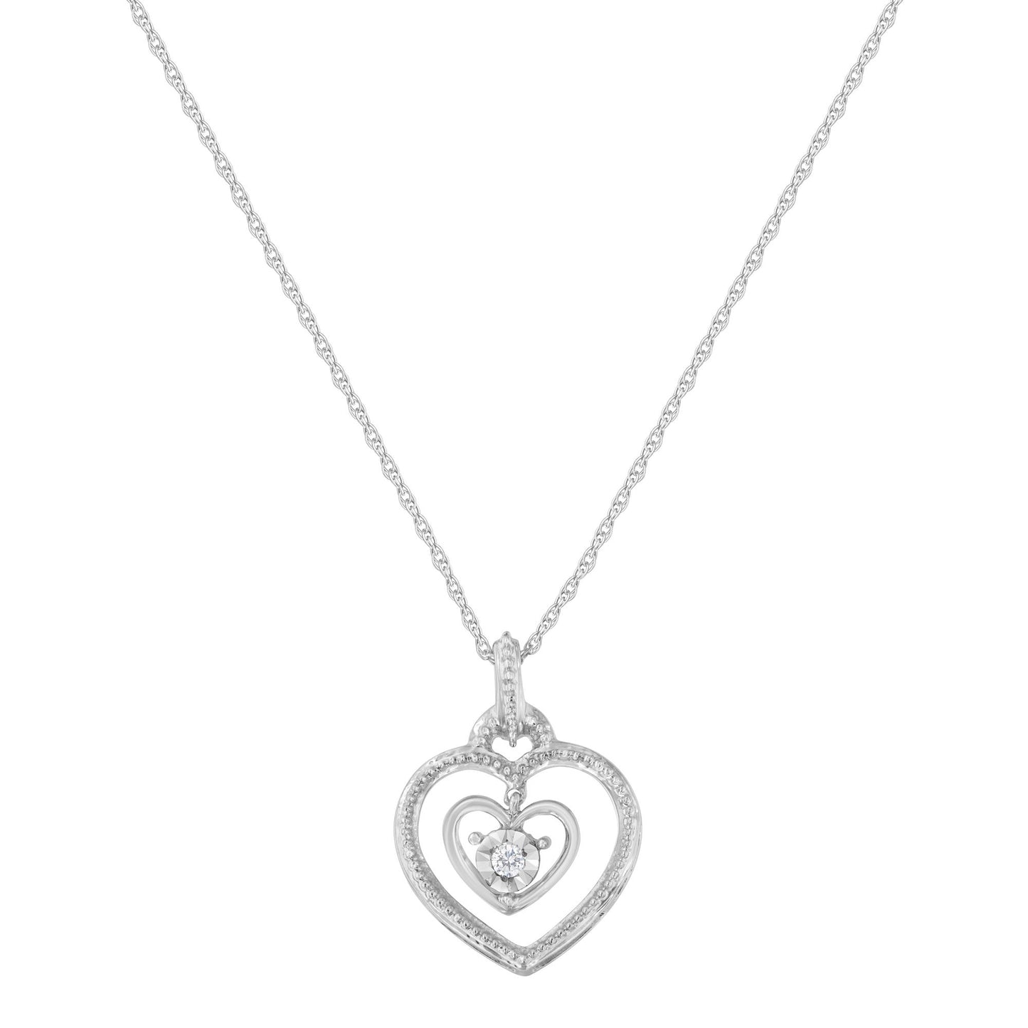 Front view of white metal heart-shaped necklace with an outer heart frame and an inner heart featuring a round white gemstone in miracle setting.