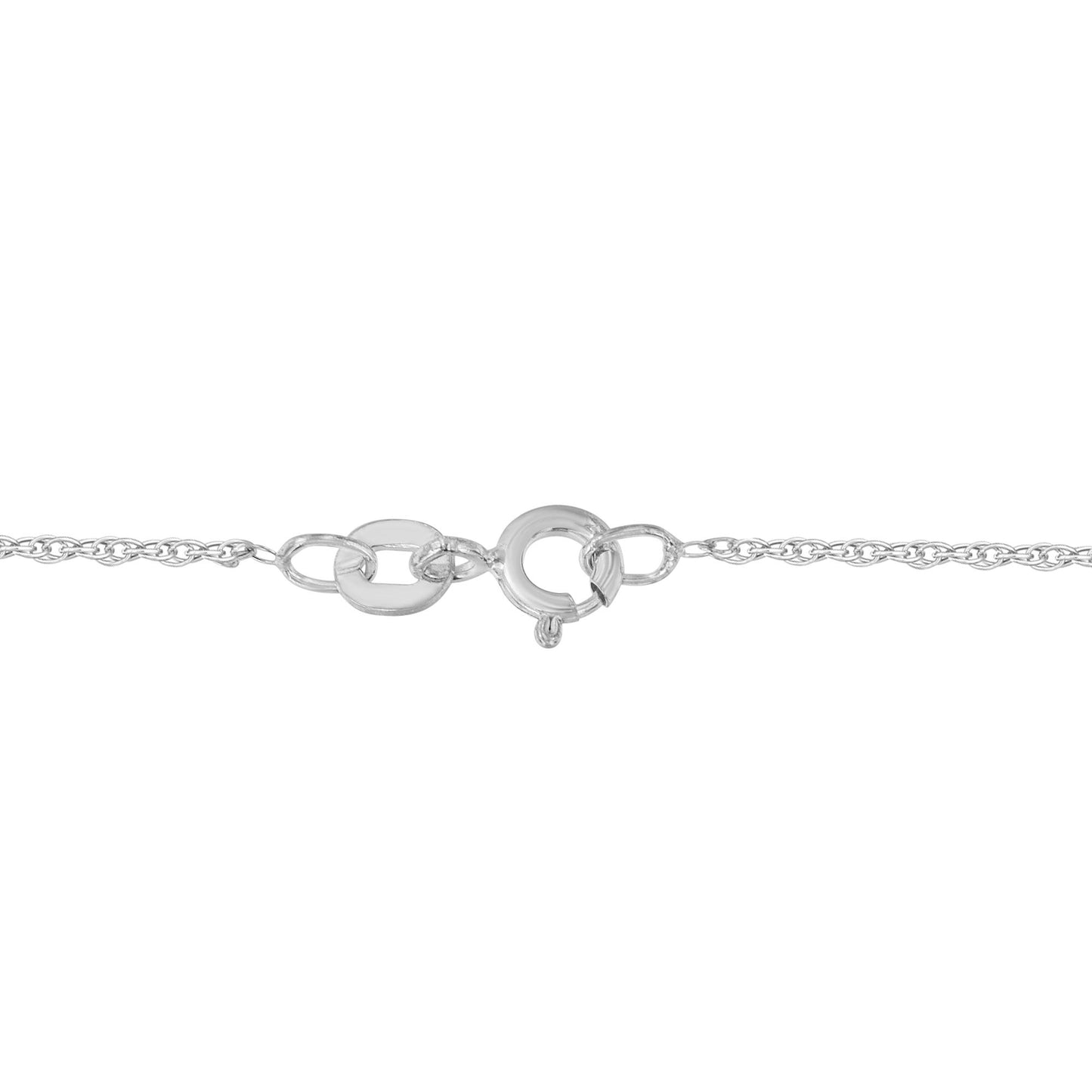 Close-up front view of a white metal necklace chain with a spring ring clasp.