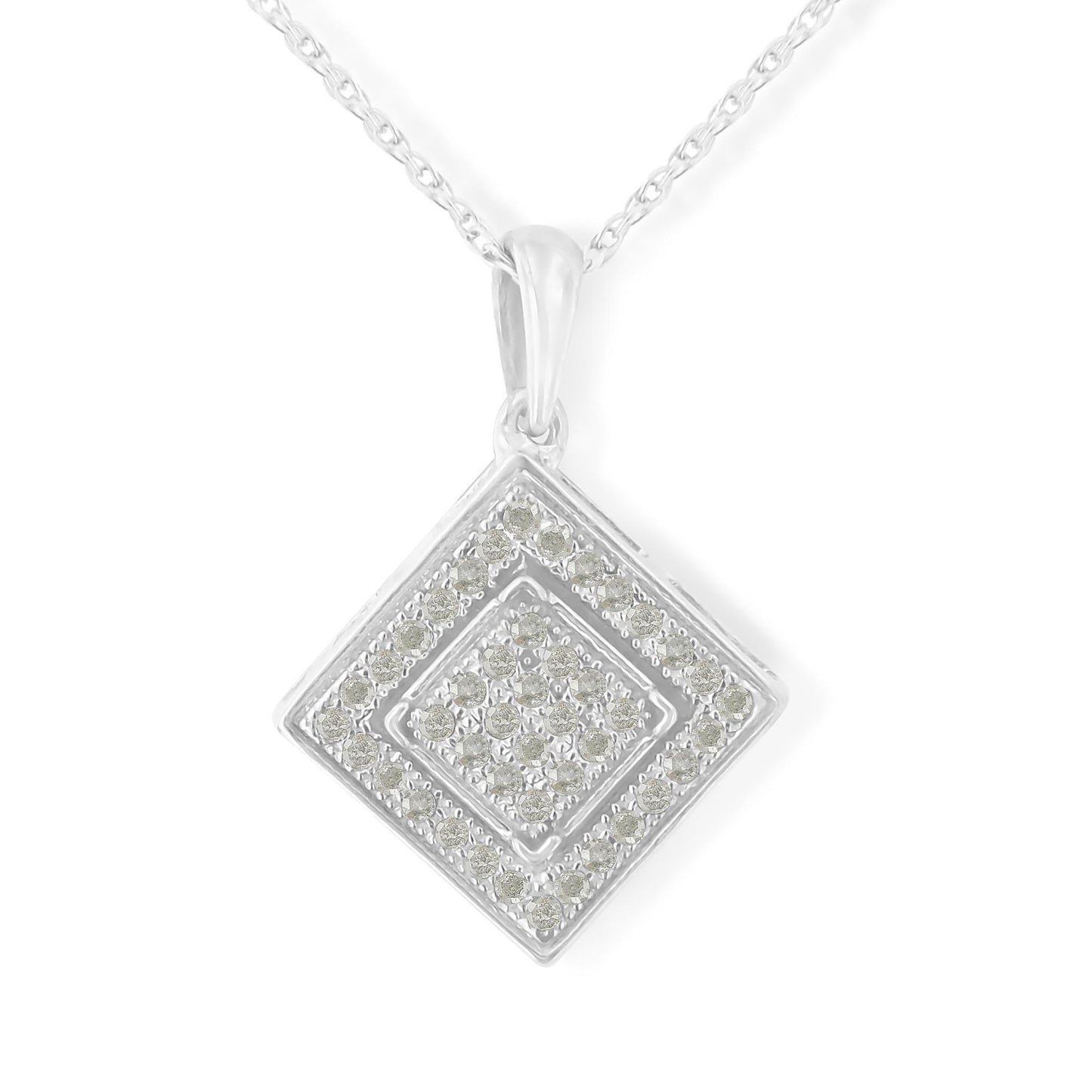 Close-up front view of a white metal necklace with a square-shaped pendant featuring round white gemstones in a pave setting arranged in two concentric squares.