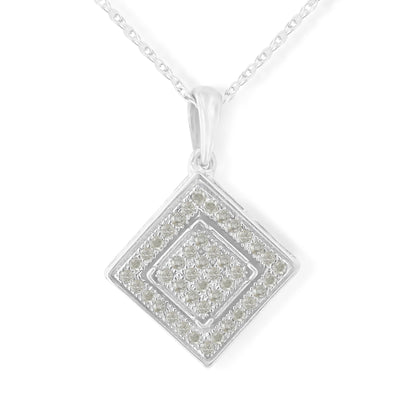 Close-up front view of a white metal necklace with a square-shaped pendant featuring round white gemstones in a pave setting arranged in two concentric squares.