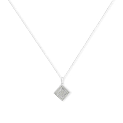 Front-facing view of a white necklace with a diamond-shaped pendant featuring multiple round white gemstones in a pave setting.
