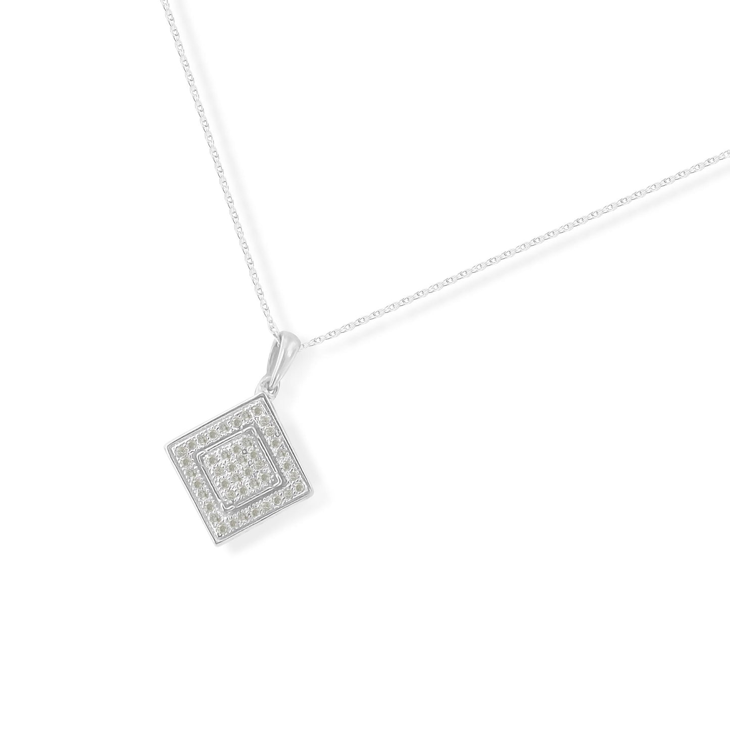 White metal necklace with a square-shaped pendant featuring pave set round white gemstones, shown from an angled top view.