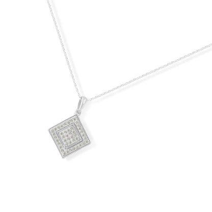 White metal necklace with a square-shaped pendant featuring pave set round white gemstones, shown from an angled top view.