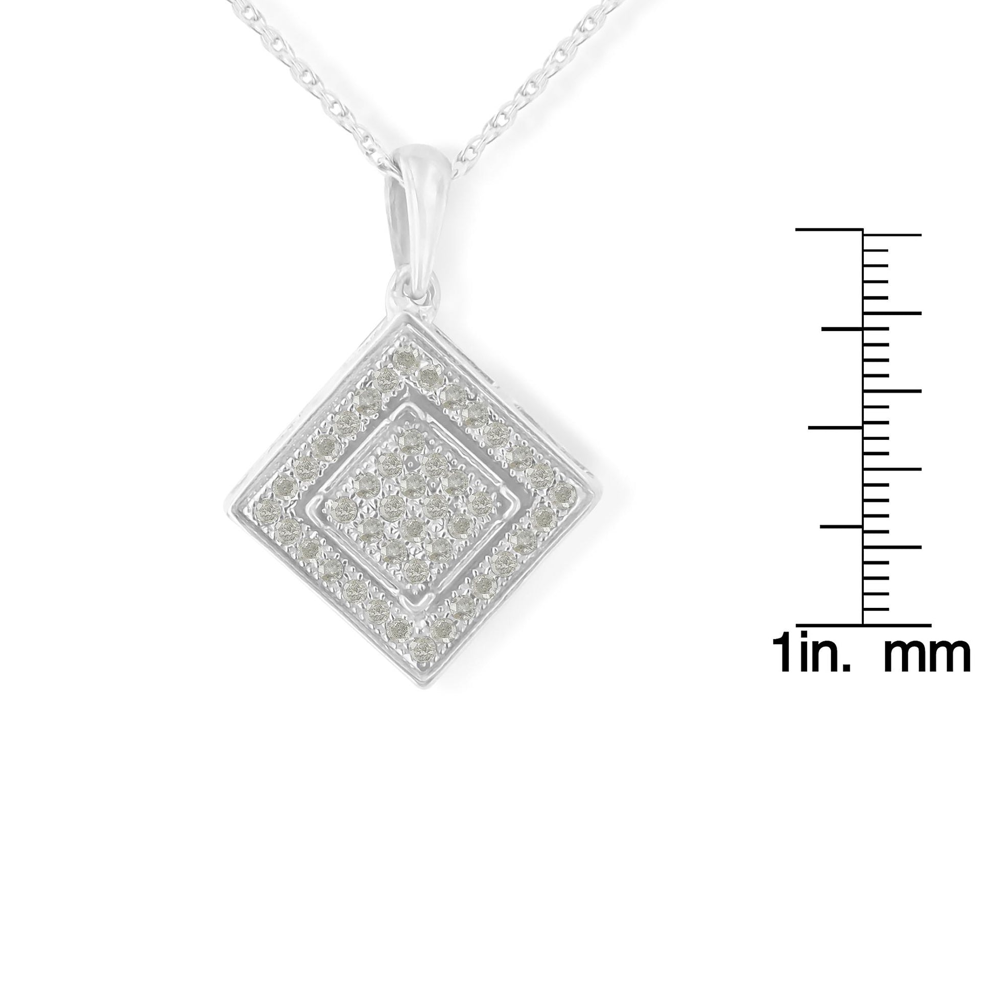 White metal necklace with square-shaped pendant featuring pave-set round white gemstones, shown front-facing on a plain background with a ruler for size reference.