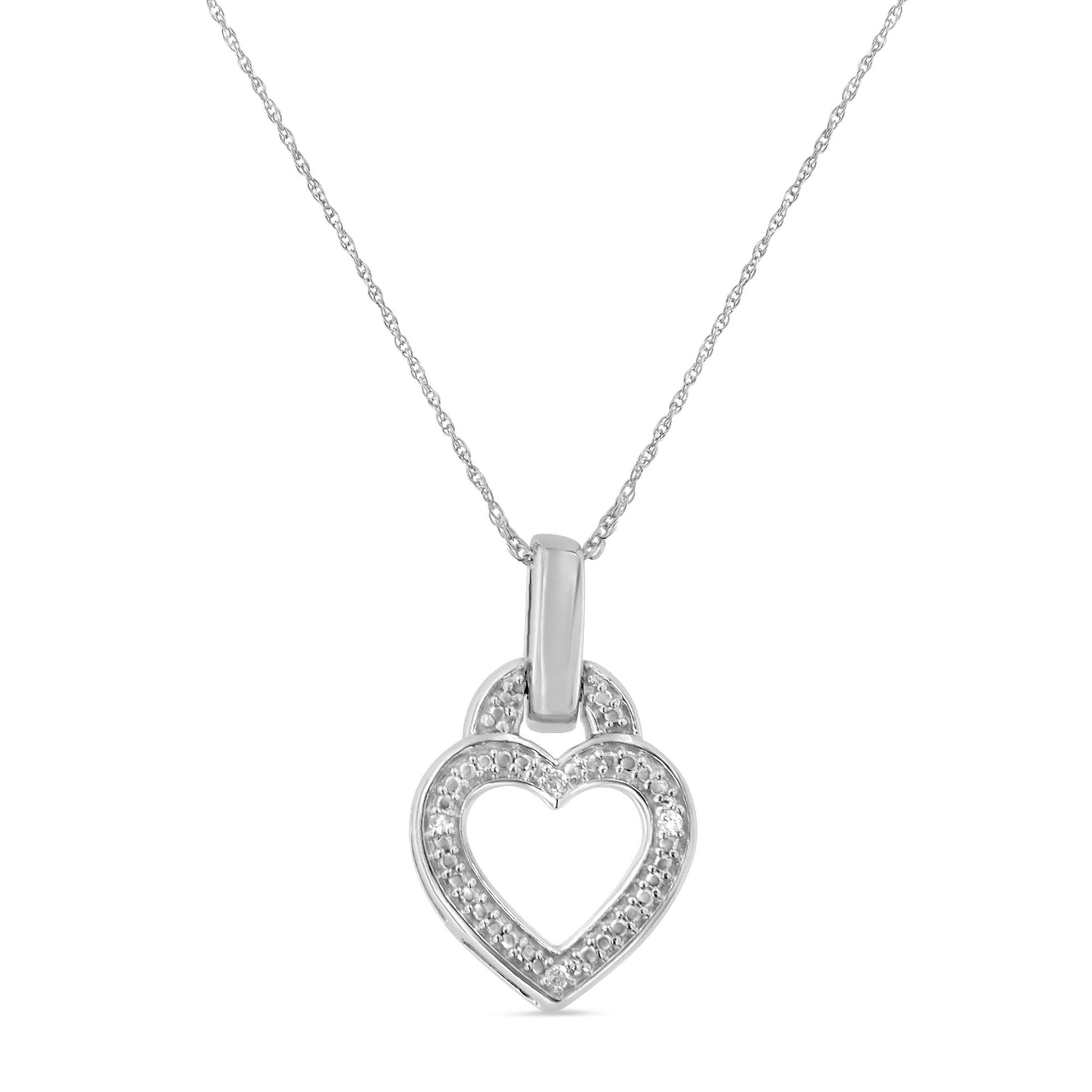Front view of a white metal necklace with an open heart-shaped pendant featuring round white gemstones in a pave setting.