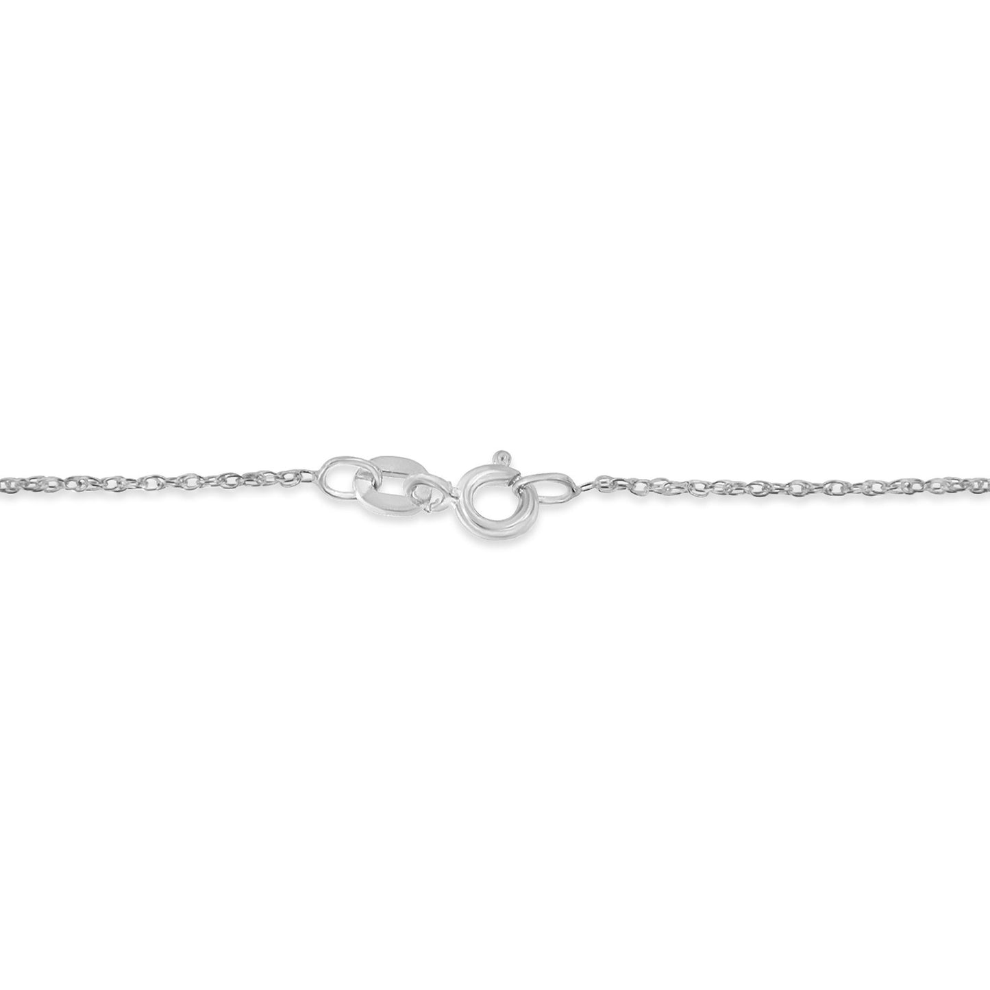 Close-up front view of a white metal necklace chain with a spring ring clasp and an attached oval link.