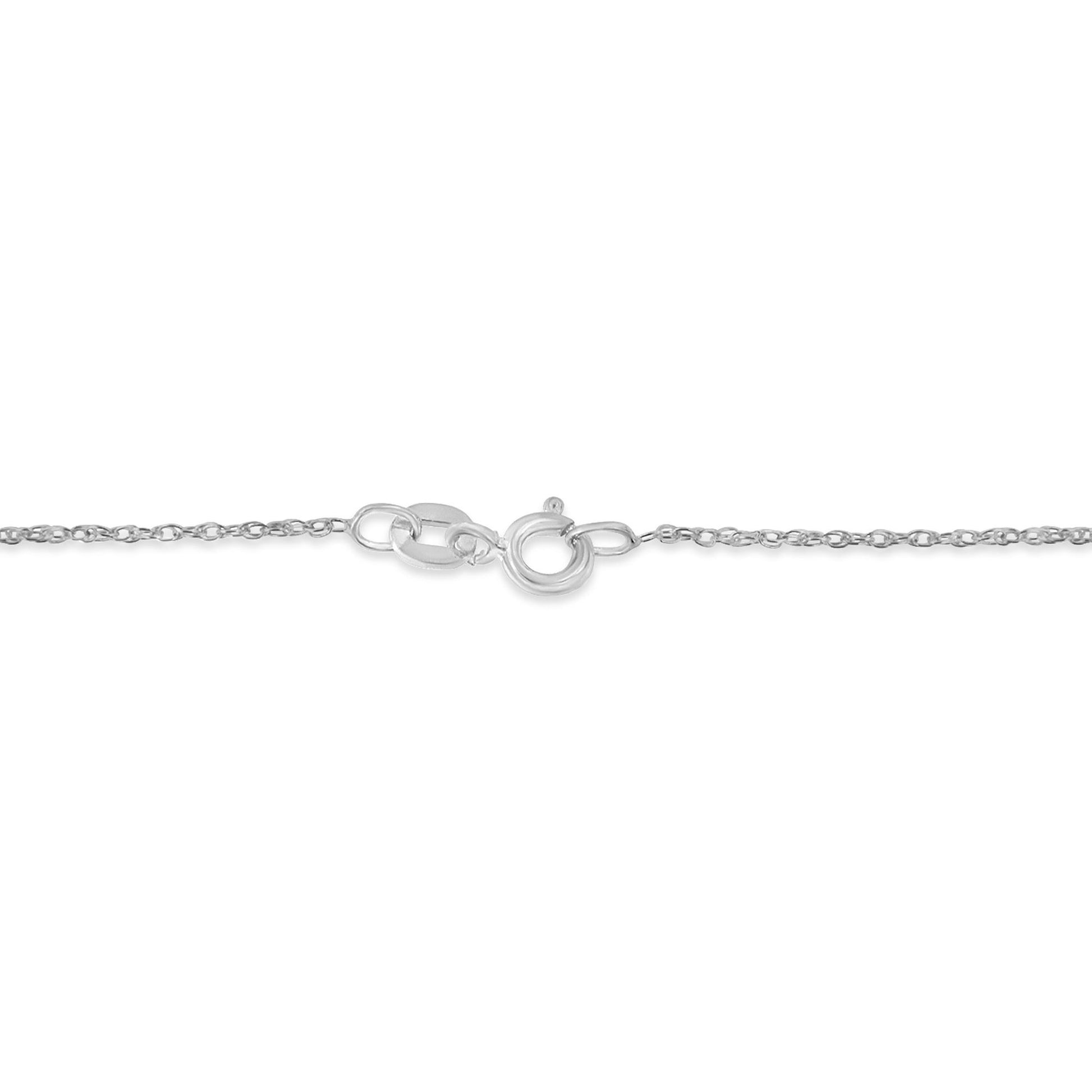 Close-up front view of a white metal necklace chain with a spring ring clasp and an attached oval link.
