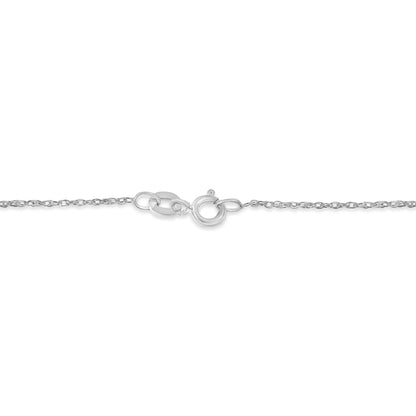 Close-up front view of a white metal necklace chain with a spring ring clasp and an attached oval link.