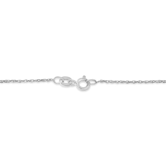 Close-up front view of a white metal necklace chain with a spring ring clasp and an attached oval link.
